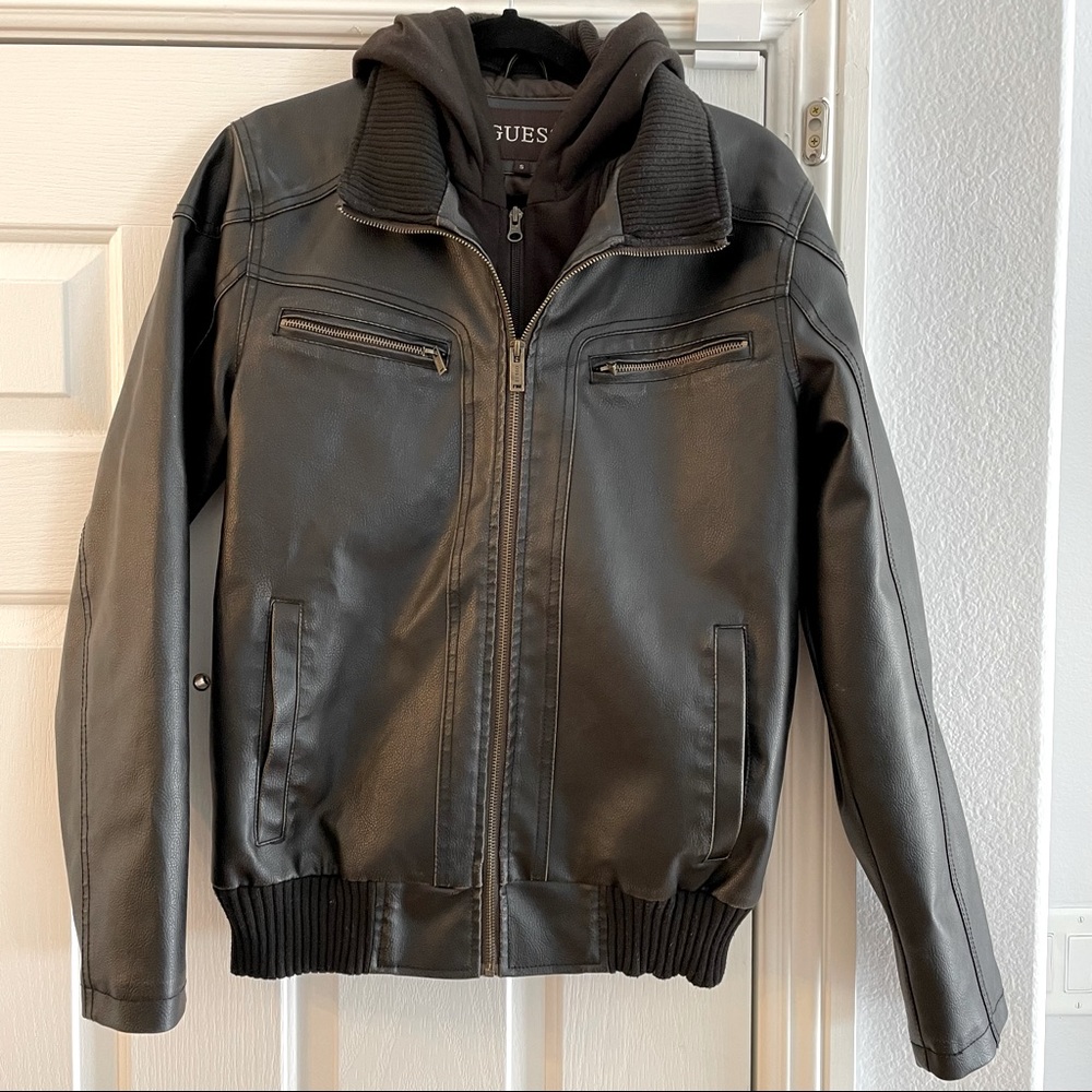 GUESS Faux Leather Jacket with removable Hoodie
